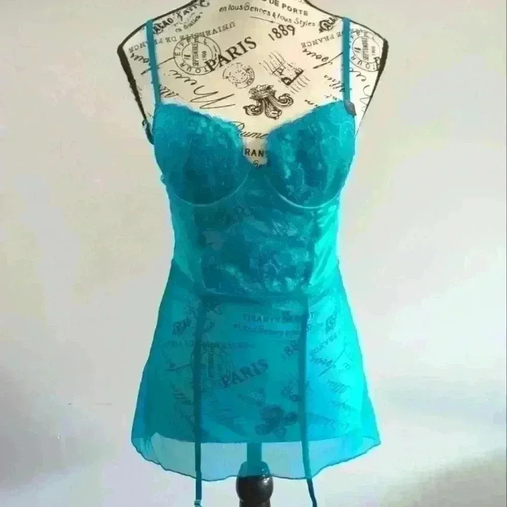 La SENZA Turquoise Lace Babydoll Chemise with Garters